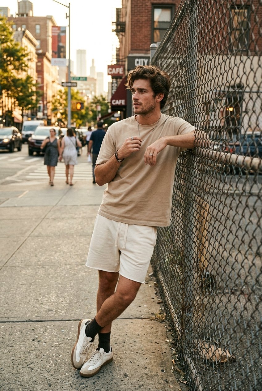 Model in urban casual shorts