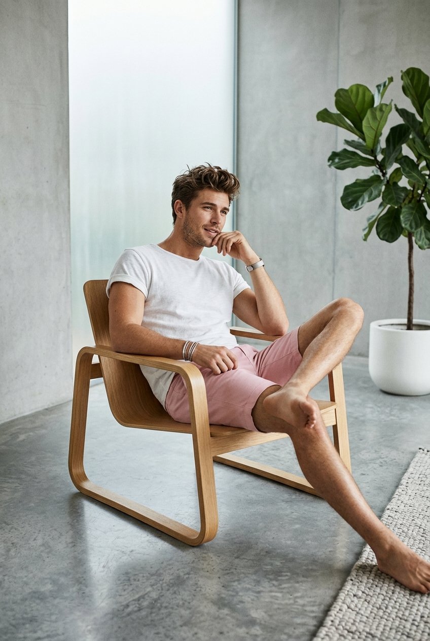 Model sitting wearing pink sweatshorts
