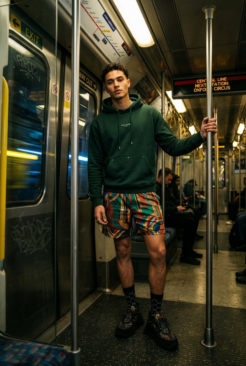 Model standing in subway car